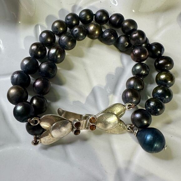 Vintage Venetian Peacock Pearls Bracelet VTG 925 Silver Clasp w/ 4 Genuine Topaz - Picture 1 of 10